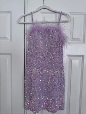 Lavender Sequin Mini Party Dress with Fur Trim